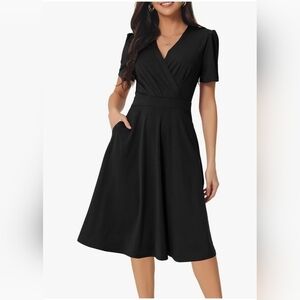 Seta T Women's Summer Wrap V Neck Puff Short Sleeve Knee Length Swing Dress